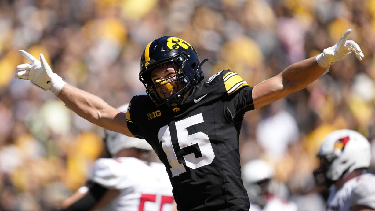 Iowa wide receiver Reece Vander Zee (15) celebrates after catching a 19-yard touchdown pass during the second half of an NCAA college football game against Illinois State, Saturday, Aug. 31, 2024, in Iowa City, Iowa. Iowa won 40-0.