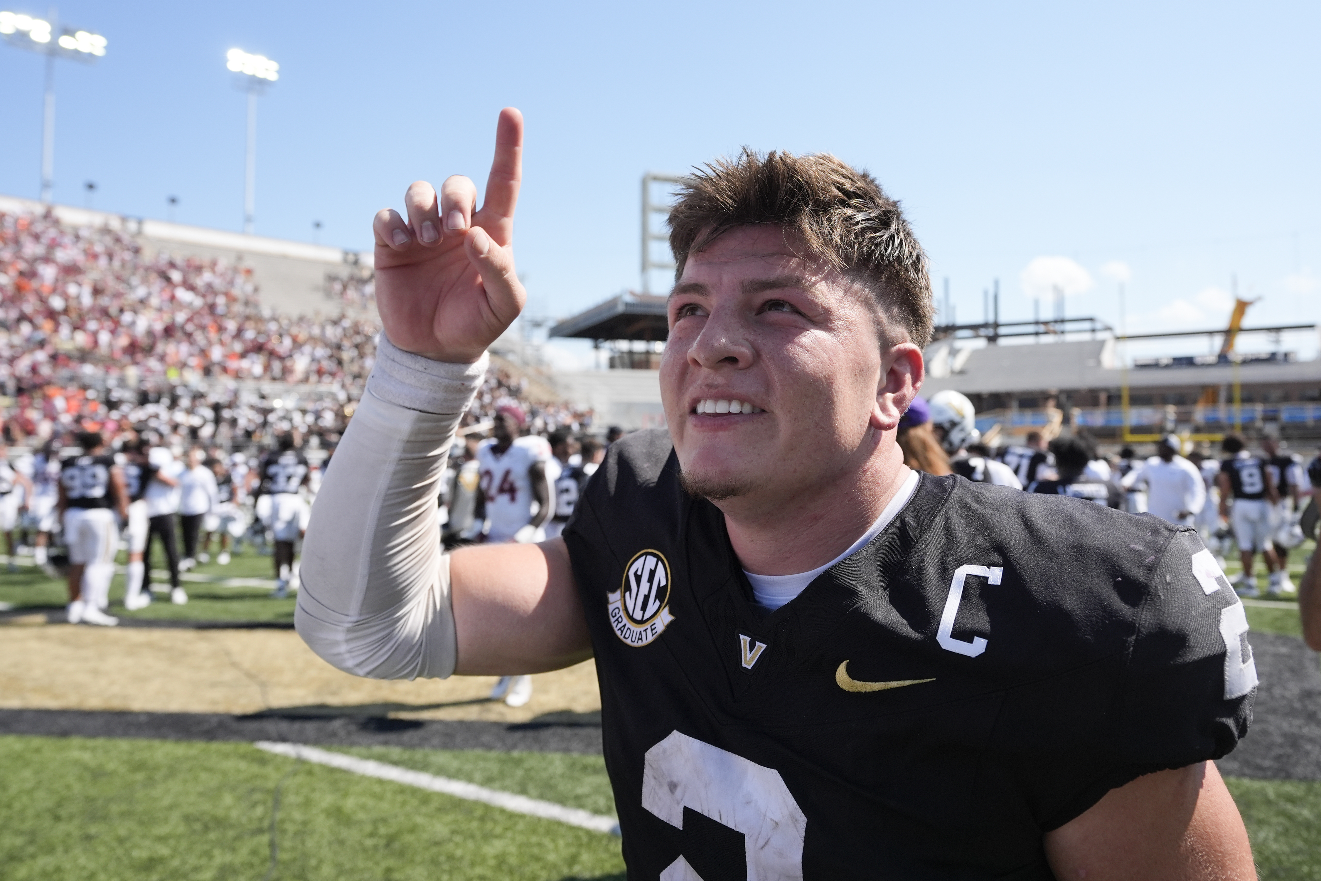 Vanderbilt quarterback Diego Pavia (2) celebrates the team's 34-27 overtime win after an NCAA college football game against Virginia Tech, Saturday, Aug. 31, 2024, in Nashville, Tenn. 
