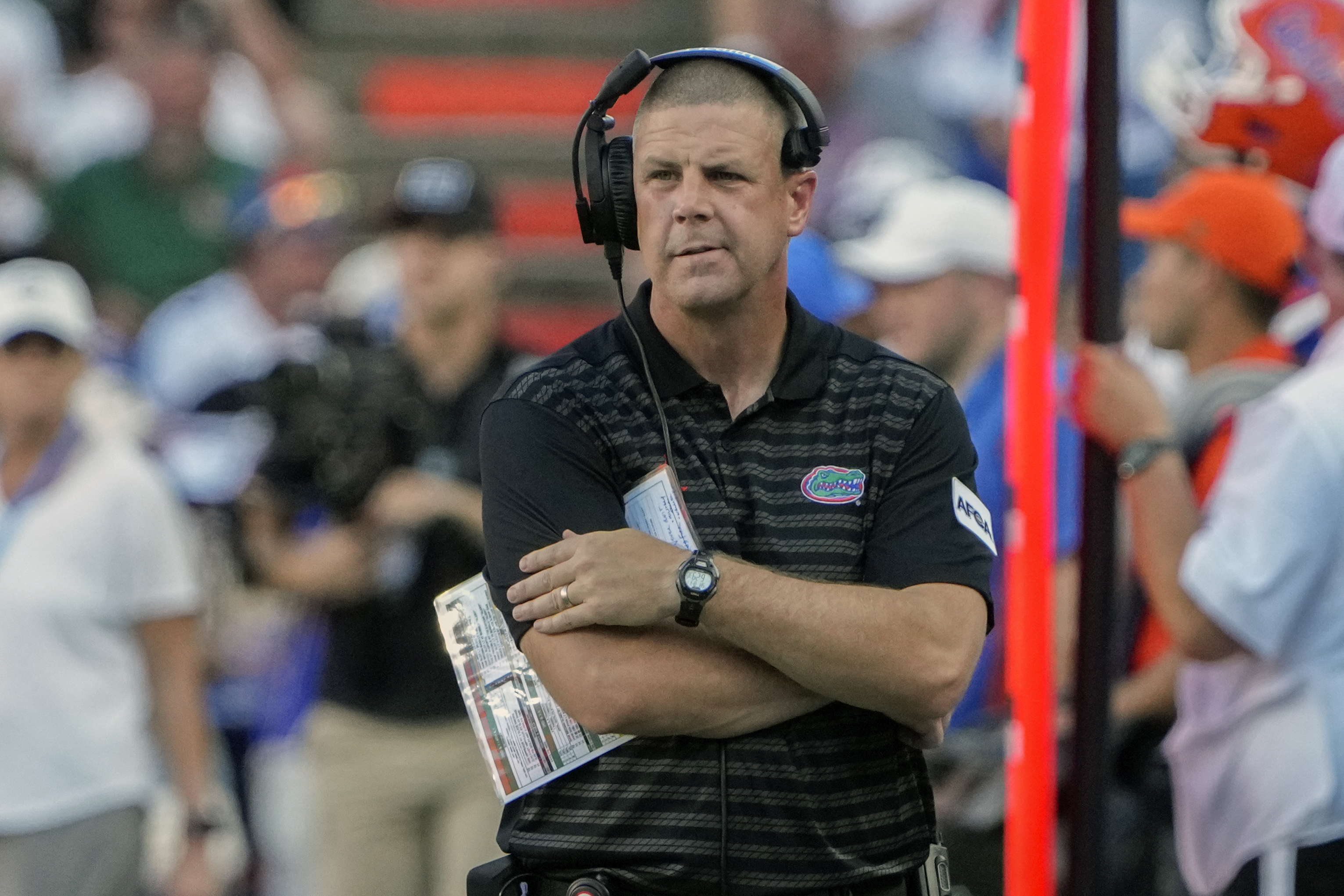 Florida head coach Billy Napier paces the sideline during the second half of an NCAA college football game against Miami, Saturday, Aug. 31, 2024, in Gainesville, Fla. 