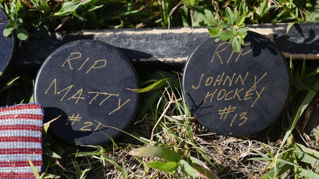 Shown is a makeshift memorial for NHL hockey player Johnny Gaudreau and his brother Matthew who were killed by a suspected drunken driver as they bicycled on a rural road, Sept. 5, 2024, in Oldmans Township , N.J., Thursday.