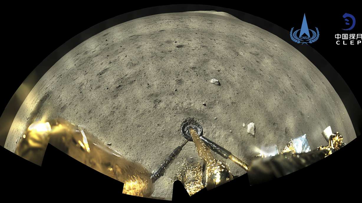 This Dec. 2, 2020, image taken aboard the lander-ascender combination of Chang'e-5 spacecraft provided by China National Space Administration shows the moon's surface after it landed.