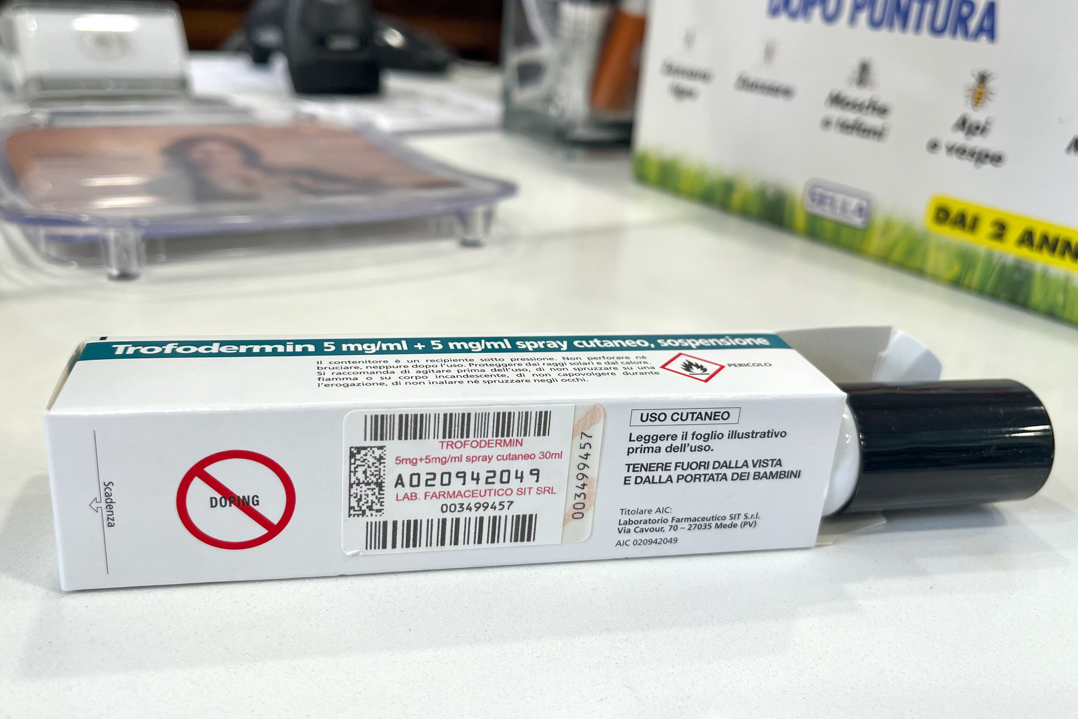 A pack of Trofodermin, a medical product meant for treating cuts and scrapes, which contains the anabolic steroid Clostebol, a substance listed in the World Anti-Doping Association's banned substances, is seen on the counter of a pharmacy in Rome, Wednesday, Sept. 4, 2024.