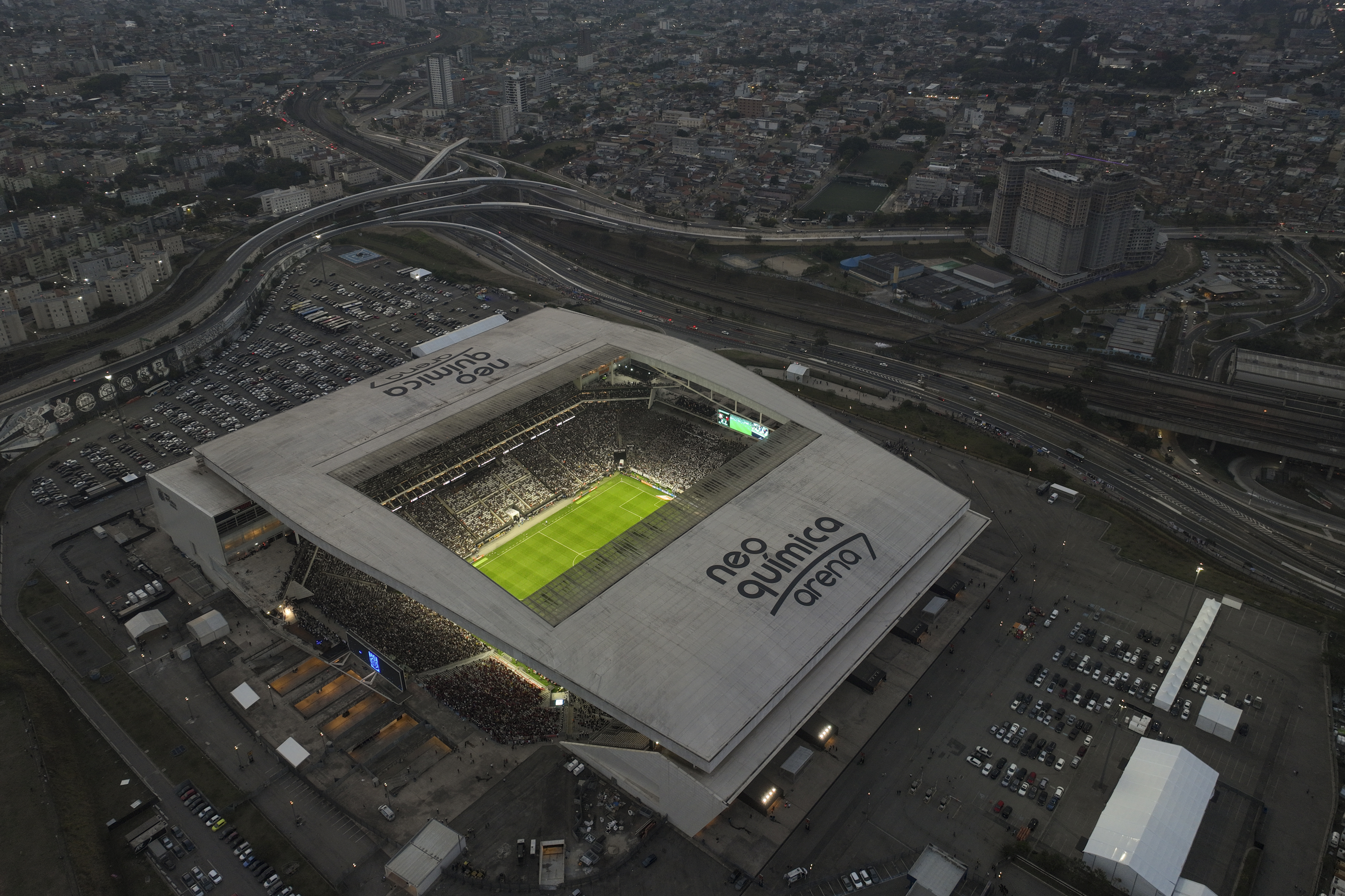 Corinthians face Flamengo in a Brazilian soccer league match in the Neo Quimica arena, which is set to host an NFL football game the week after, in Sao Paulo, Brazil, Sunday, Sept. 1, 2024. 