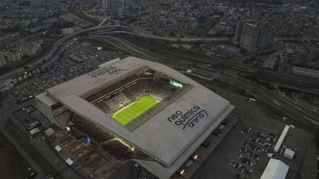 Corinthians face Flamengo in a Brazilian soccer league match in the Neo Quimica arena, which is set to host an NFL football game the week after, in Sao Paulo, Brazil, Sunday, Sept. 1, 2024.