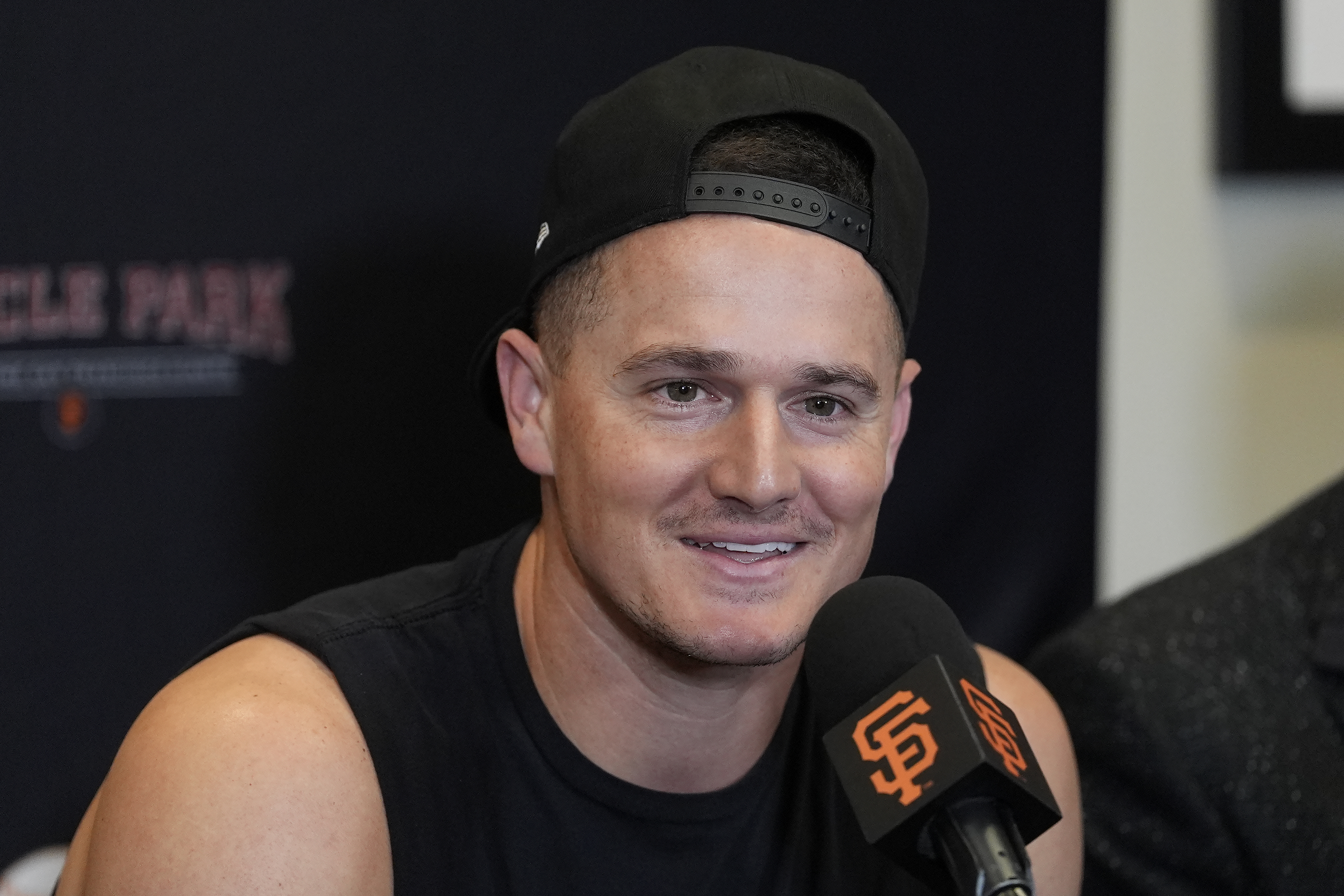 San Francisco Giants third baseman Matt Chapman speaks during a news conference before a baseball game between the Giants and the Arizona Diamondbacks in San Francisco, Thursday, Sept. 5, 2024. 