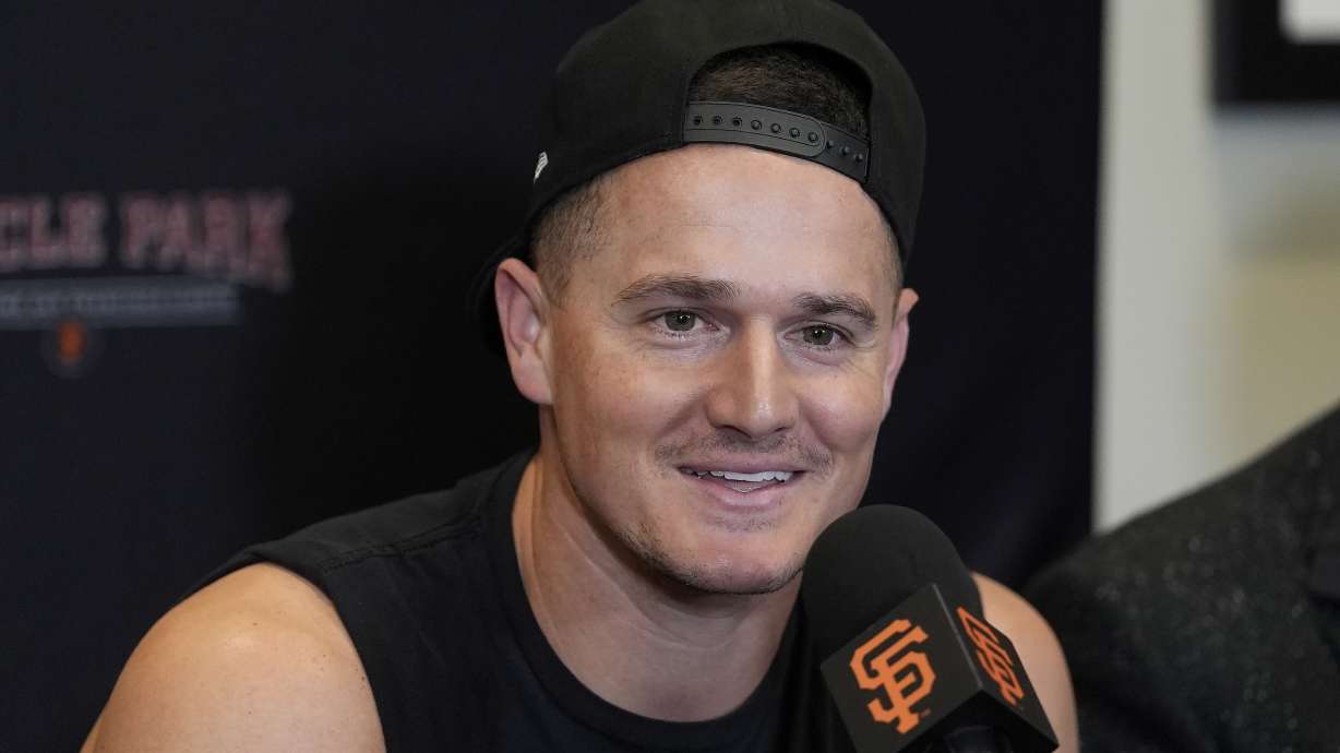 San Francisco Giants third baseman Matt Chapman speaks during a news conference before a baseball game between the Giants and the Arizona Diamondbacks in San Francisco, Thursday, Sept. 5, 2024.