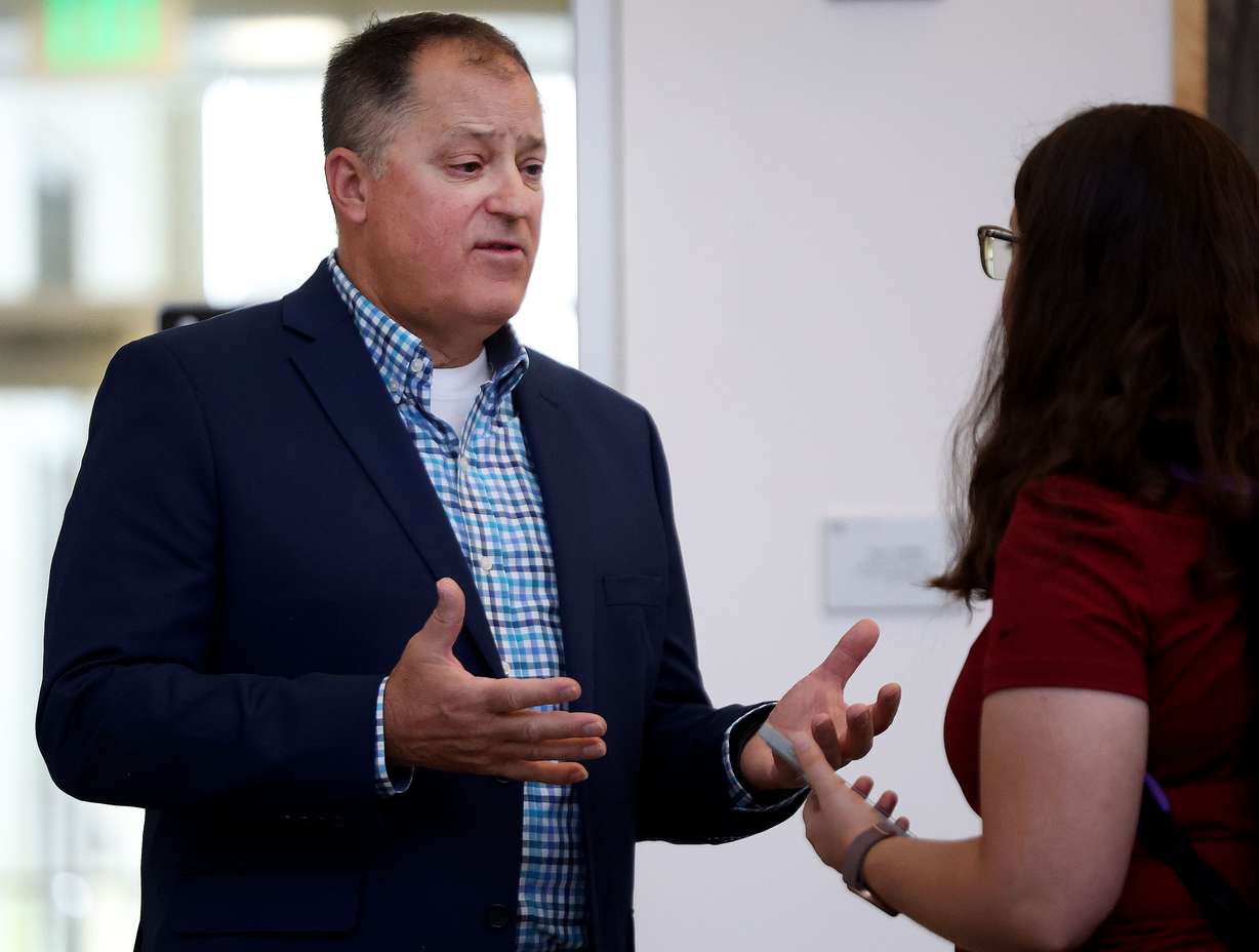 Todd Soutor, director of Davis Behavioral Health, speaks to a reporter at the Utah Department of Health and Human Services’ media availability event ahead of National 988 Day Sunday and National Suicide Prevention Month at the Utah Department of Health and Human Services in Salt Lake City on Thursday.