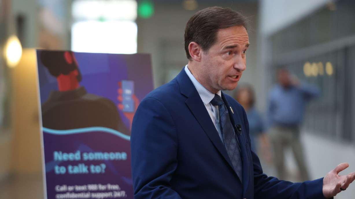 Rep. Steve Eliason, R-Sandy, speaks to a reporter ahead of National 988 Day Sunday and National Suicide Prevention Month at the Utah Department of Health and Human Services in Salt Lake City Thursday.