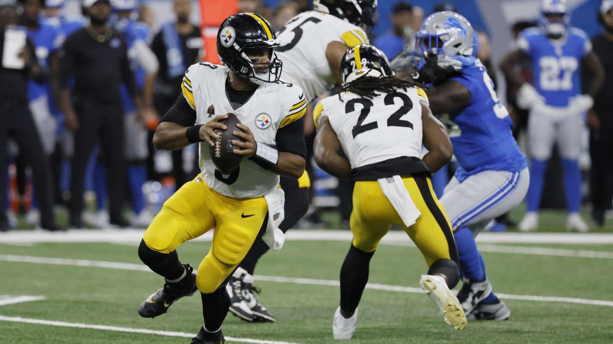 Pittsburgh Steelers quarterback Russell Wilson looks downfield during the first half of an NFL preseason football game against the Detroit Lions, Saturday, Aug. 24, 2024, in Detroit.