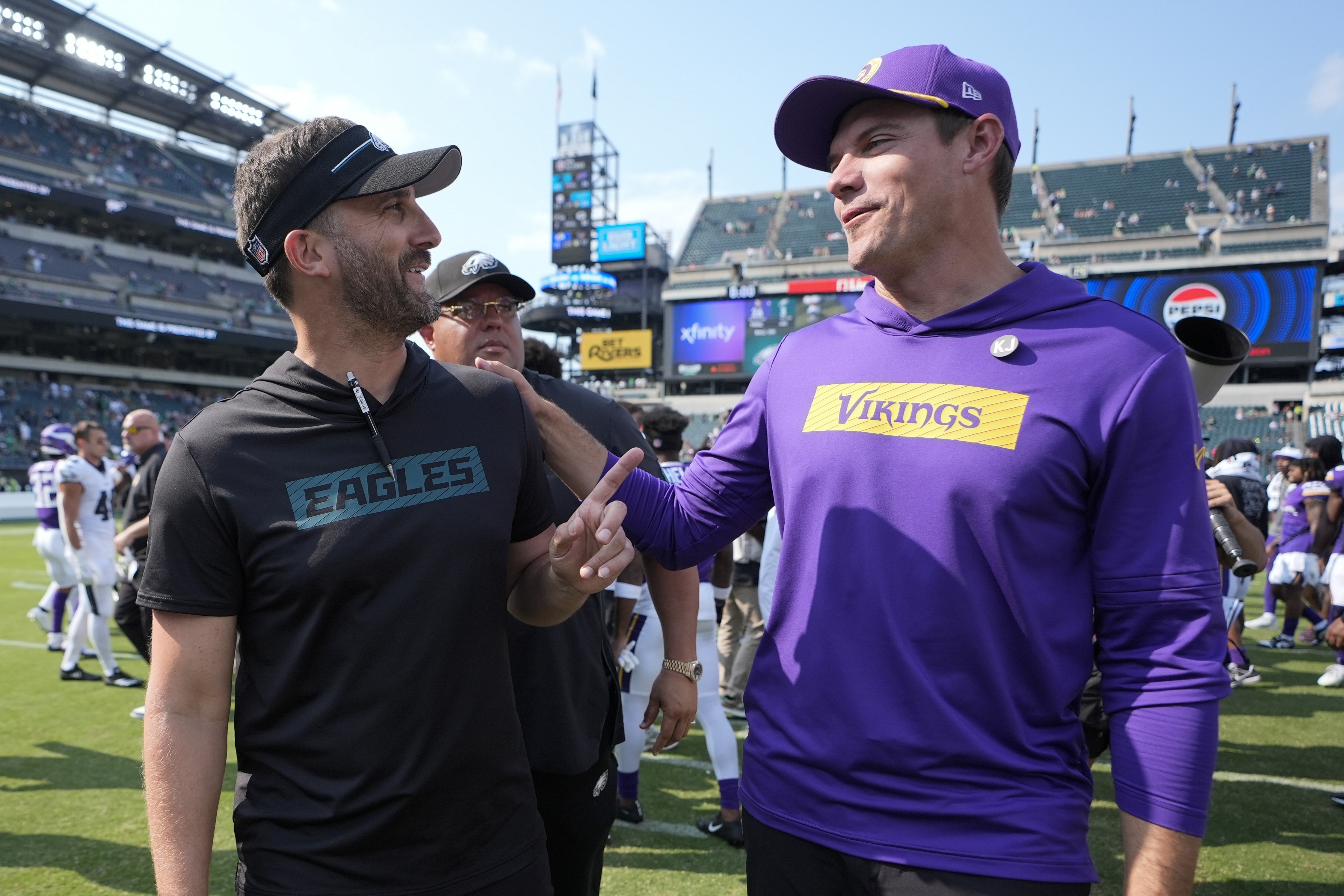 Minnesota Vikings head coach Kevin O'Connell, right, and Philadelphia Eagles head coach Nick Sirianni meet after a preseason NFL football game Saturday, Aug. 24, 2024, in Philadelphia. 