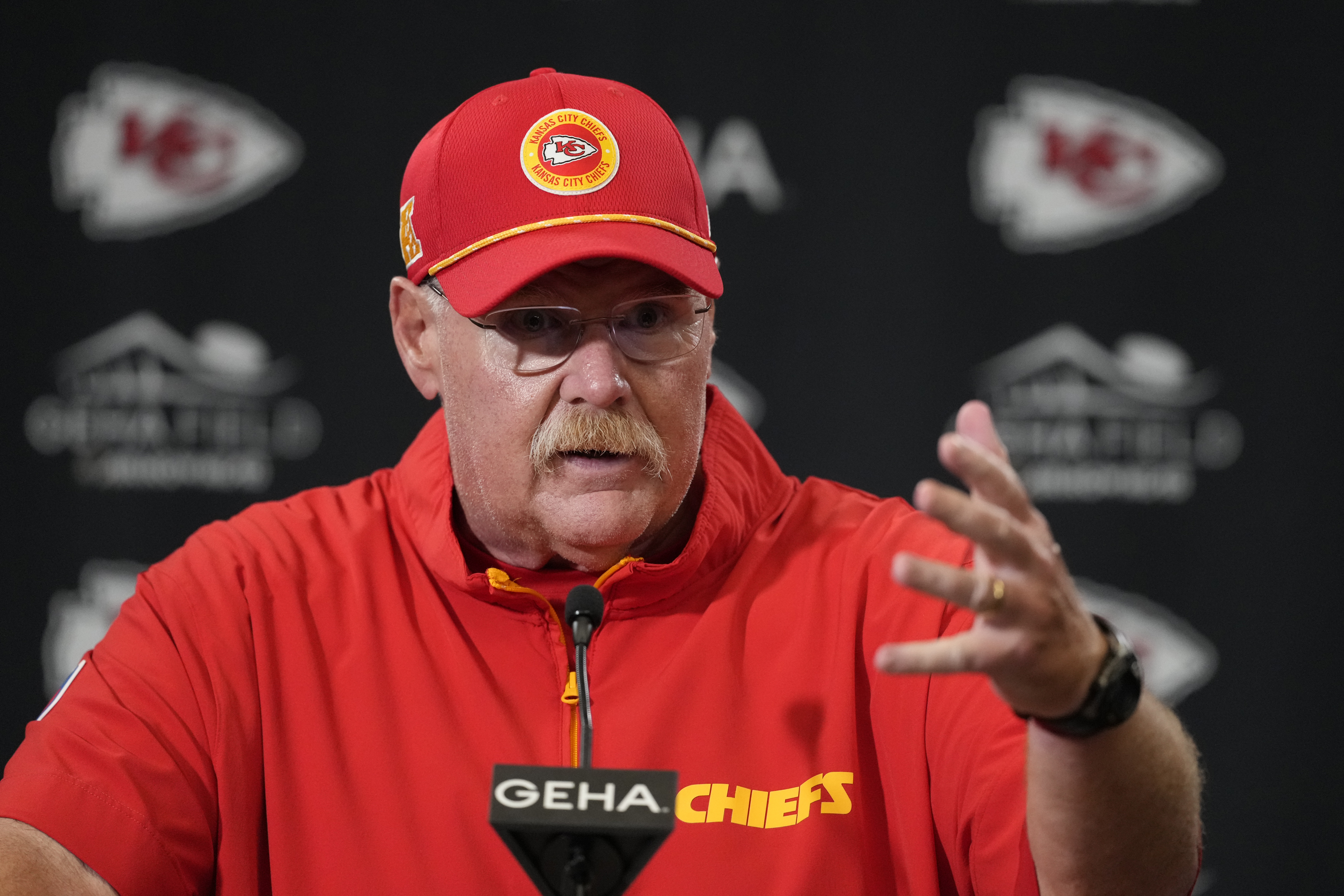 Kansas City Chiefs head coach Andy Reid speaks during a news conference following an NFL preseason football game against the Chicago Bears Thursday, Aug. 22, 2024, in Kansas City, Mo. The Bears won 34-21.