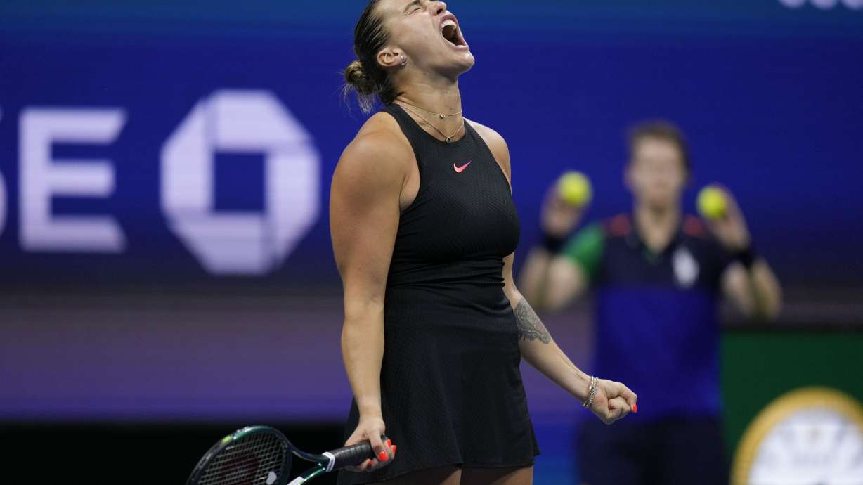 Aryna Sabalenka, of Belarus, reacts against Emma Navarro, of the United States, during the women's singles semifinals of the U.S. Open tennis championships, Thursday, Sept. 5, 2024, in New York.
