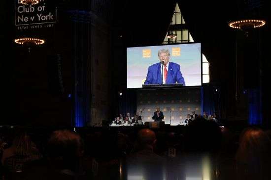 Republican presidential nominee former President Donald Trump speaks during a campaign event at the Economic Club of New York, Thursday in New York.