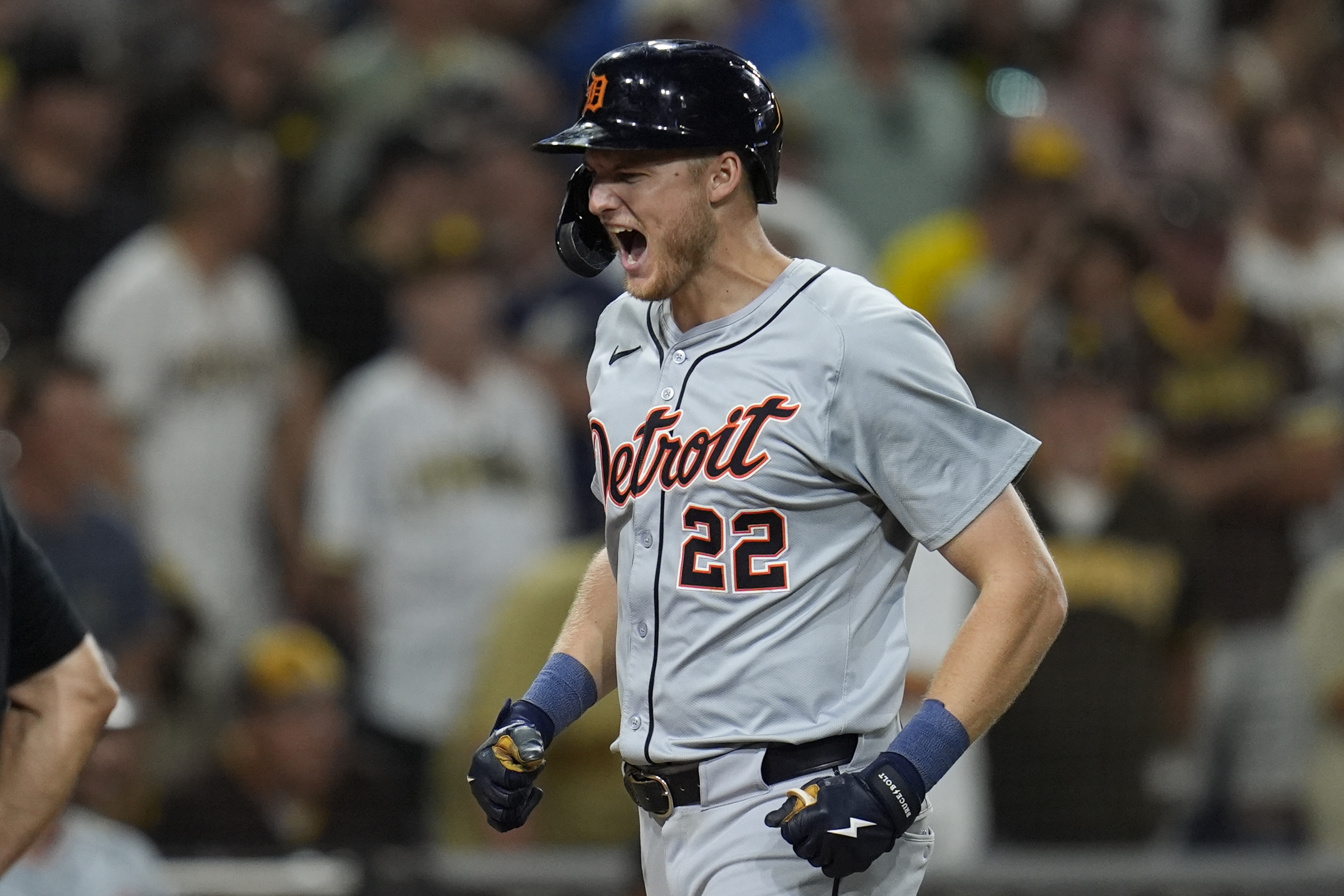 Detroit Tigers' Parker Meadows celebrates after hitting a grand slam during the ninth inning of a baseball game against the San Diego Padres, Thursday, Sept. 5, 2024, in San Diego. 