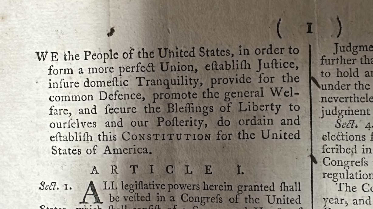 This photo shows part of an 1787 copy of the U.S. Constitution that will be put up for auction on Sept. 28, seen at Brunk Auctions in Asheville, N.C., on Thursday.