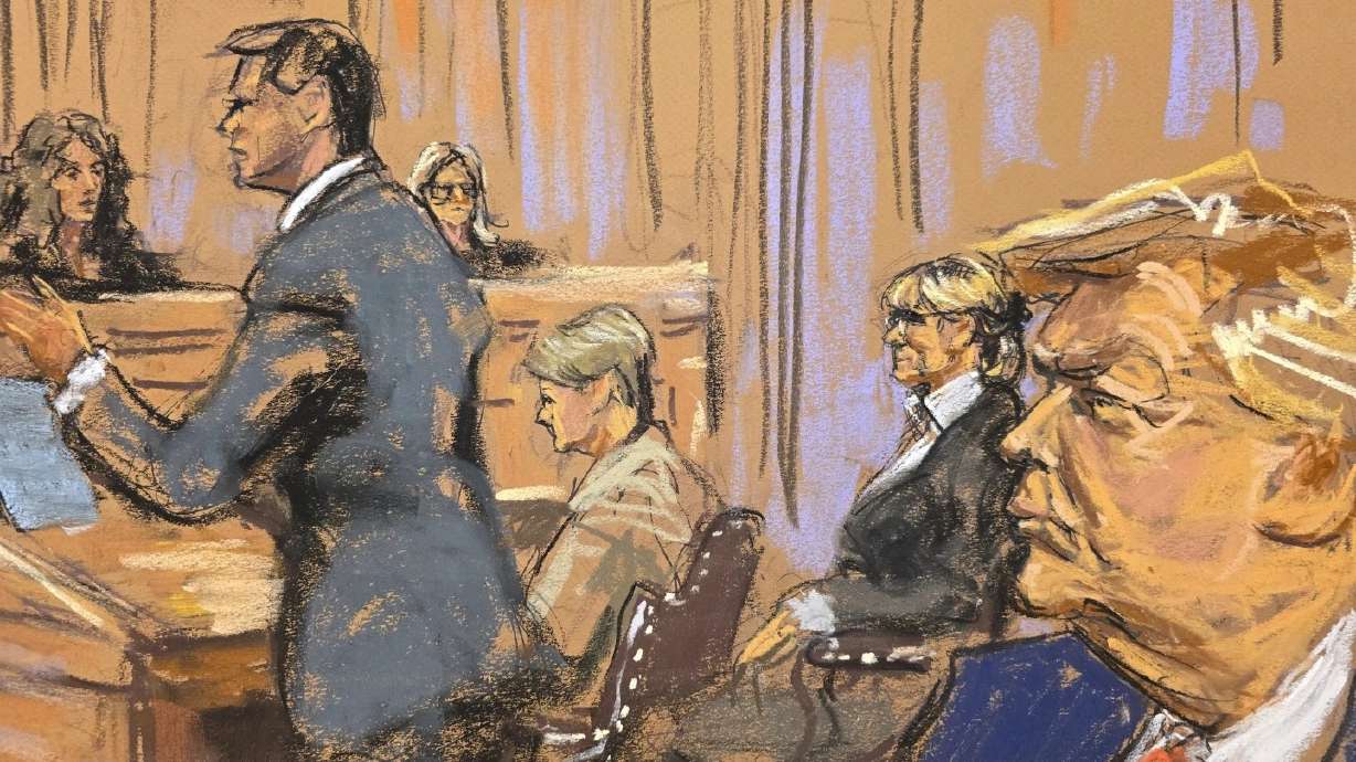 Attorney John Sauer present arguments for former President Donald Trump, right, while E. Jean Carroll, second from right, looks on, in a Manhattan federal court on Friday. Trump is fighting to overturn a verdict finding him liable for sexual abuse and slander.