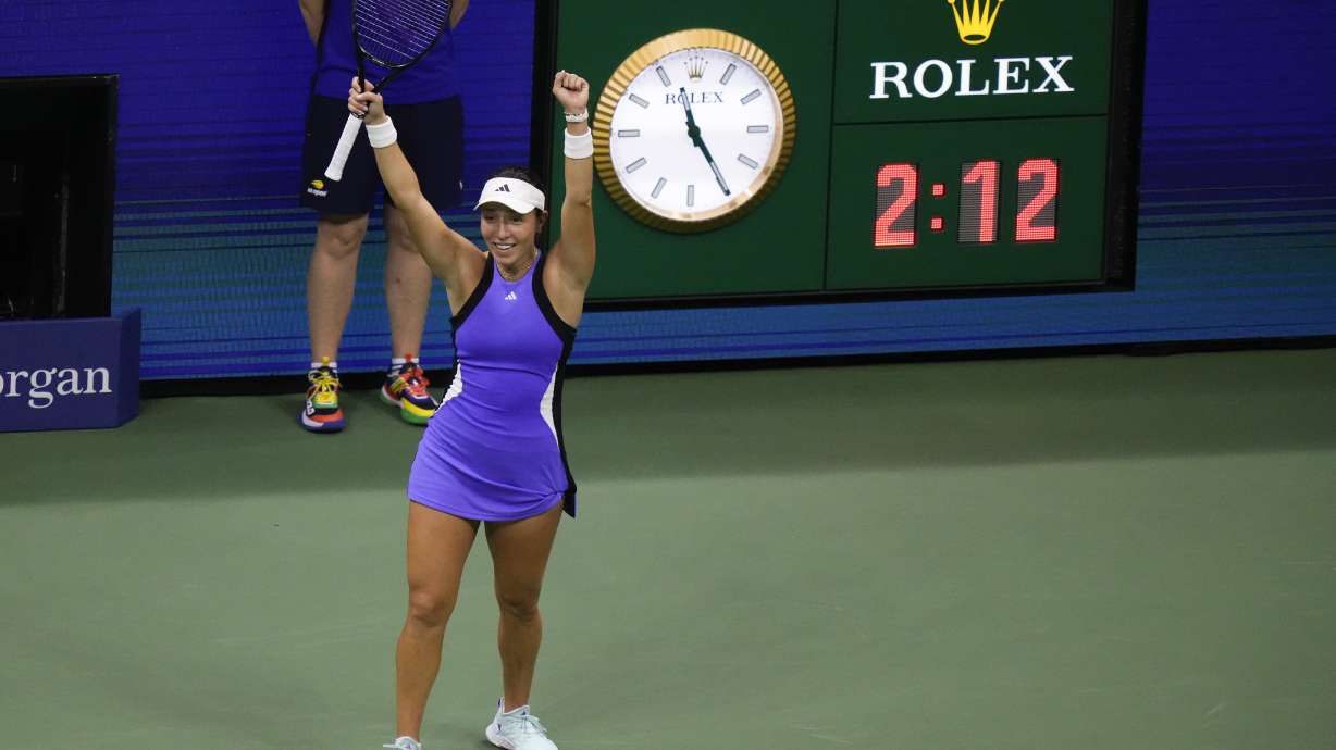 Jessica Pegula, of the United States, reacts after defeating Karolina Muchova, of the Czech Republic, during the women's singles semifinals of the U.S. Open tennis championships, Thursday, Sept. 5, 2024, in New York.
