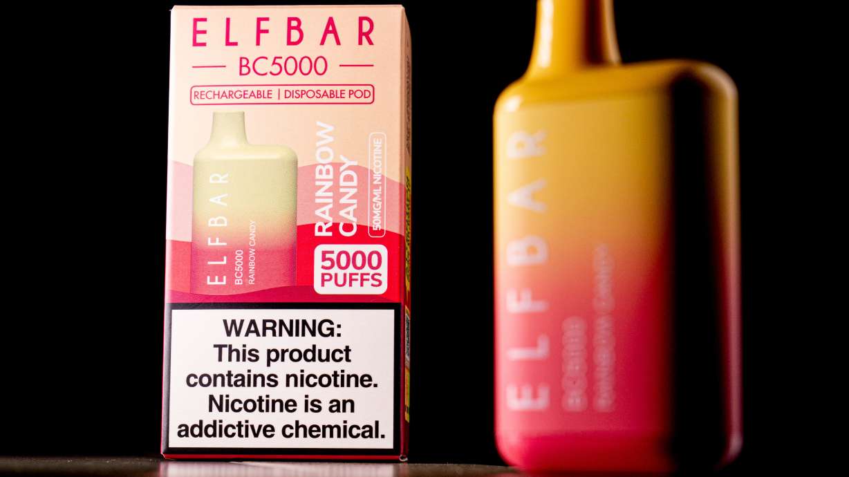 An Elf Bar disposable vaping pod device is displayed. Teen vaping is down to its lowest point in the last decade, a survey finds.