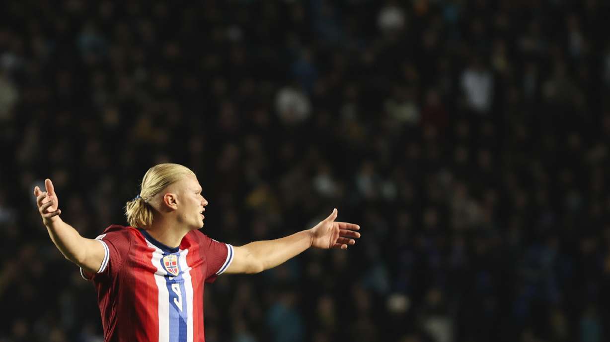 Norway's Erling Haaland gestures during the UEFA Nations League soccer match between Kazakhstan and Norway at Ortalyk Stadium in Almaty, Kazakhstan, Friday, Sept. 6, 2024.