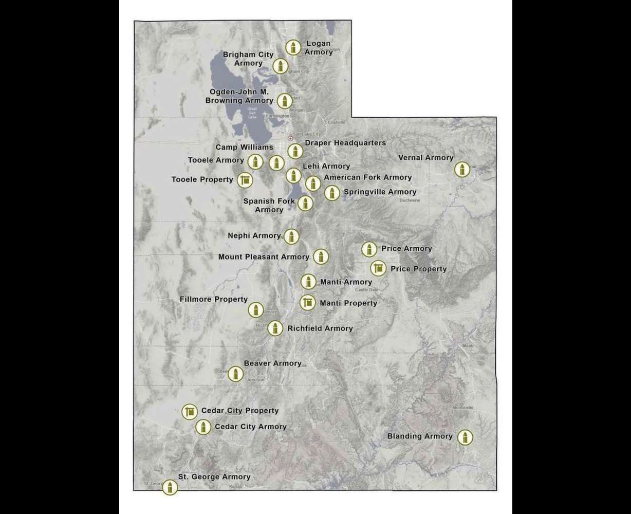 A map of the Utah National Guard project area designated by the Military Installation Development Authority board. Completing the projects will allow Guard military installations to benefit from the development of underutilized sites across the state.