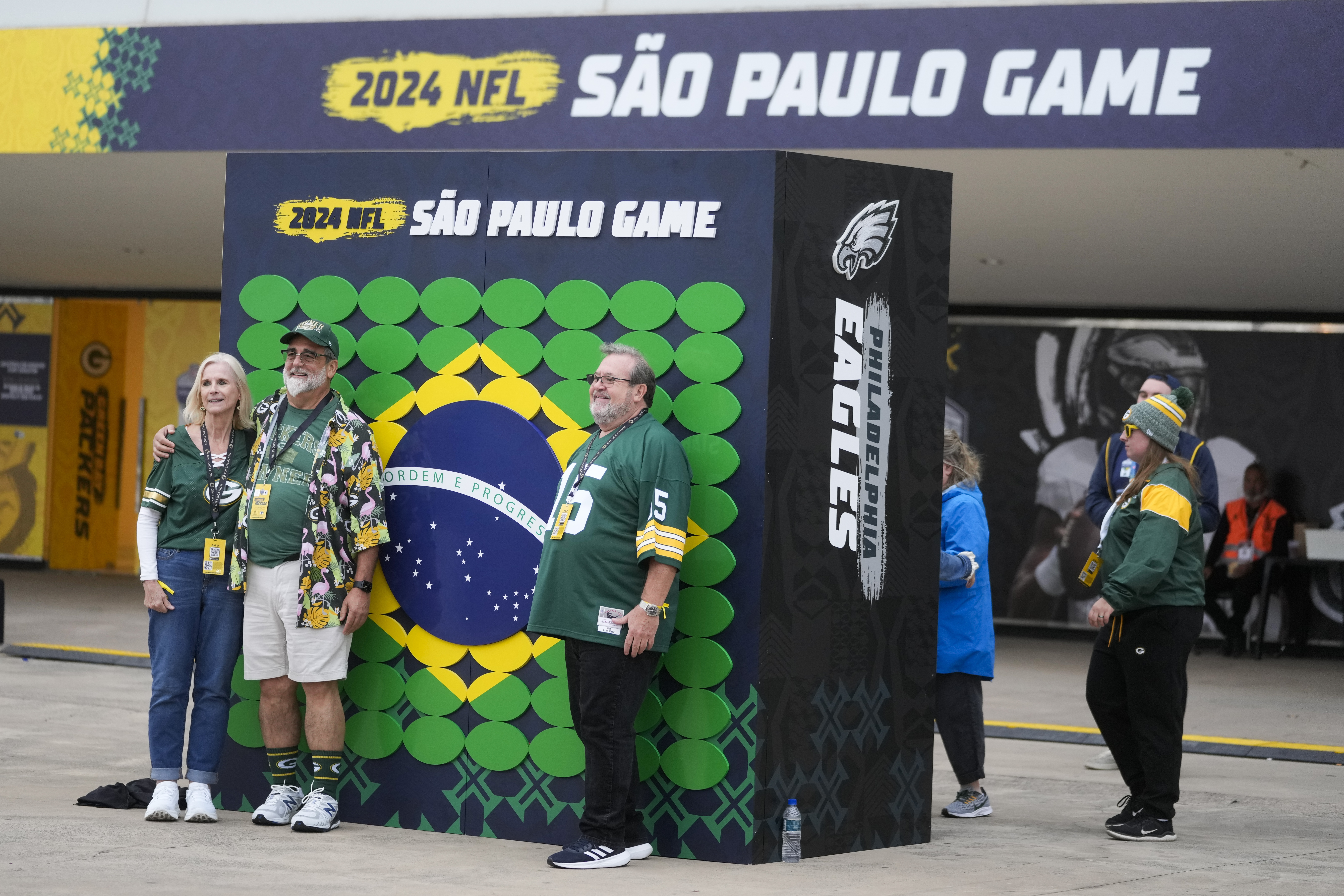 Fans pose for a picture before an NFL football game between the Philadelphia Eagles and the Green Bay Packers on Friday, Sept. 6, 2024, at the Neo Quimica Arena in Sao Paulo.