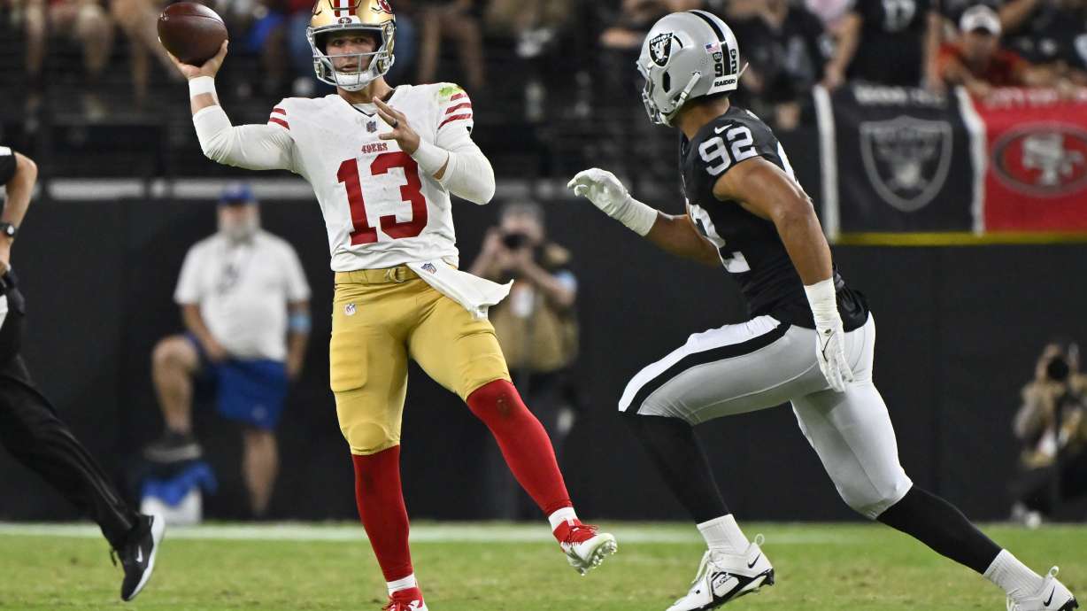San Francisco 49ers quarterback Brock Purdy (13) throws against the Las Vegas Raiders during the first half of an NFL preseason football game, Friday, Aug. 23, 2024, in Las Vegas.