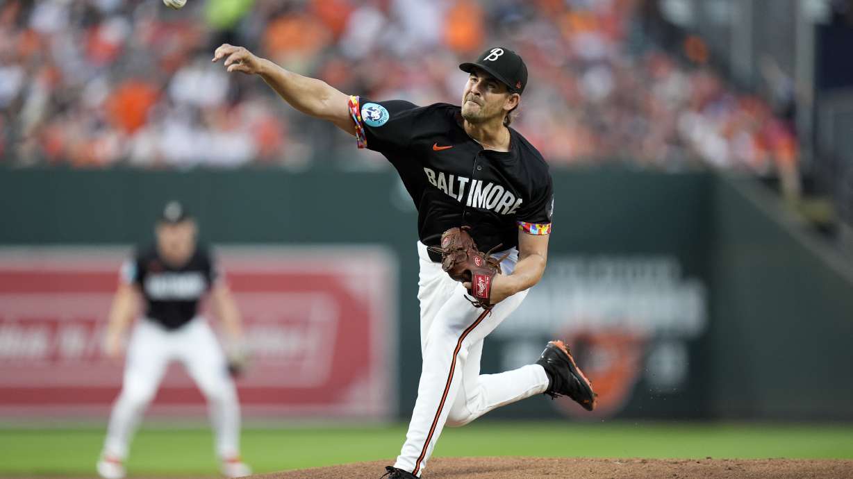 Baltimore Orioles starting pitcher Dean Kremer delivers during the first inning of a baseball game against the Tampa Bay Rays, Friday, Sept. 6, 2024, in Baltimore.