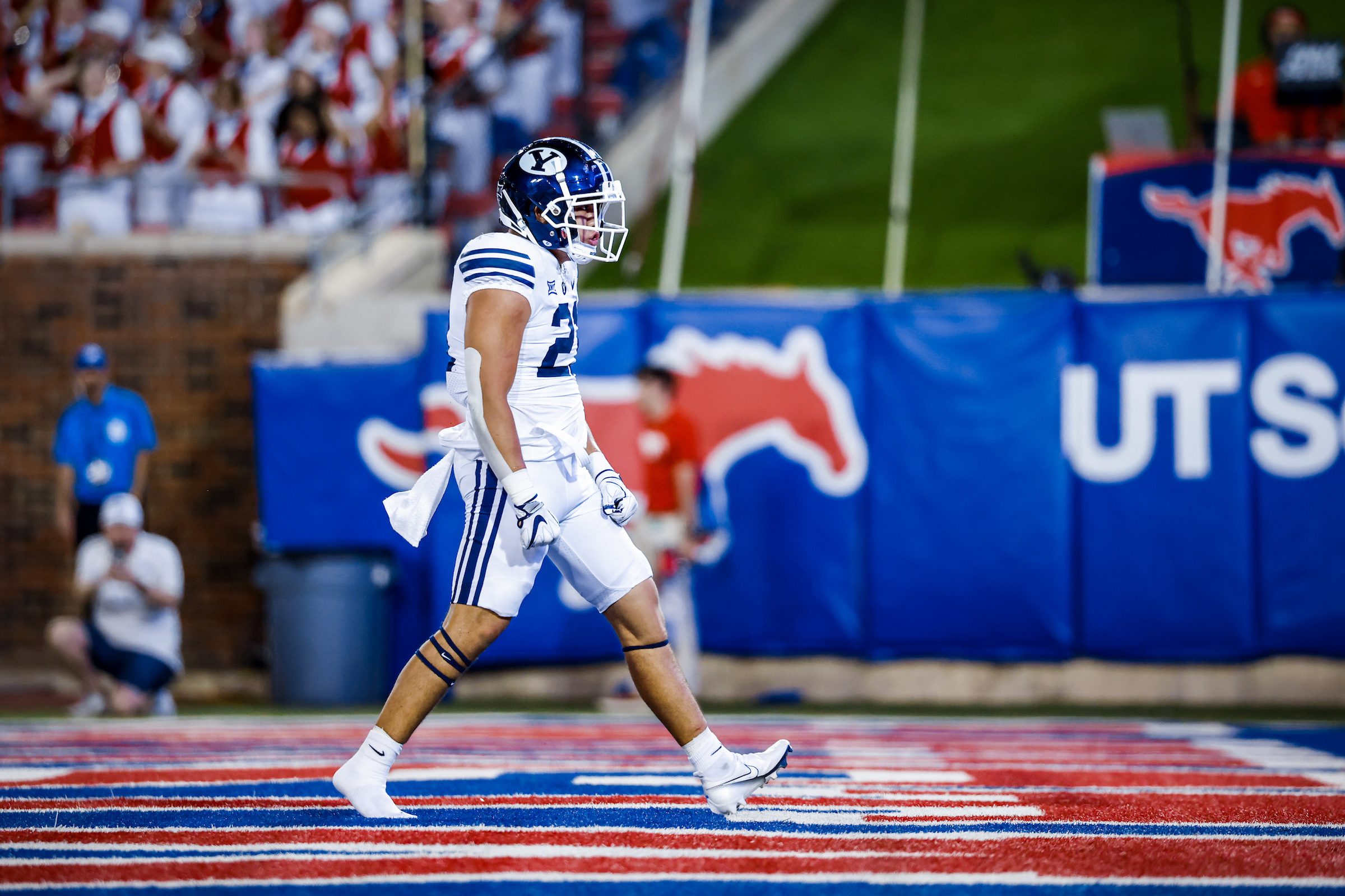 BYU running back Enoch Nawahine celebrates a touchdown against SMU during an NCAA football game, Friday, Sept. 6, 2024 in Univesity Park, Texas.