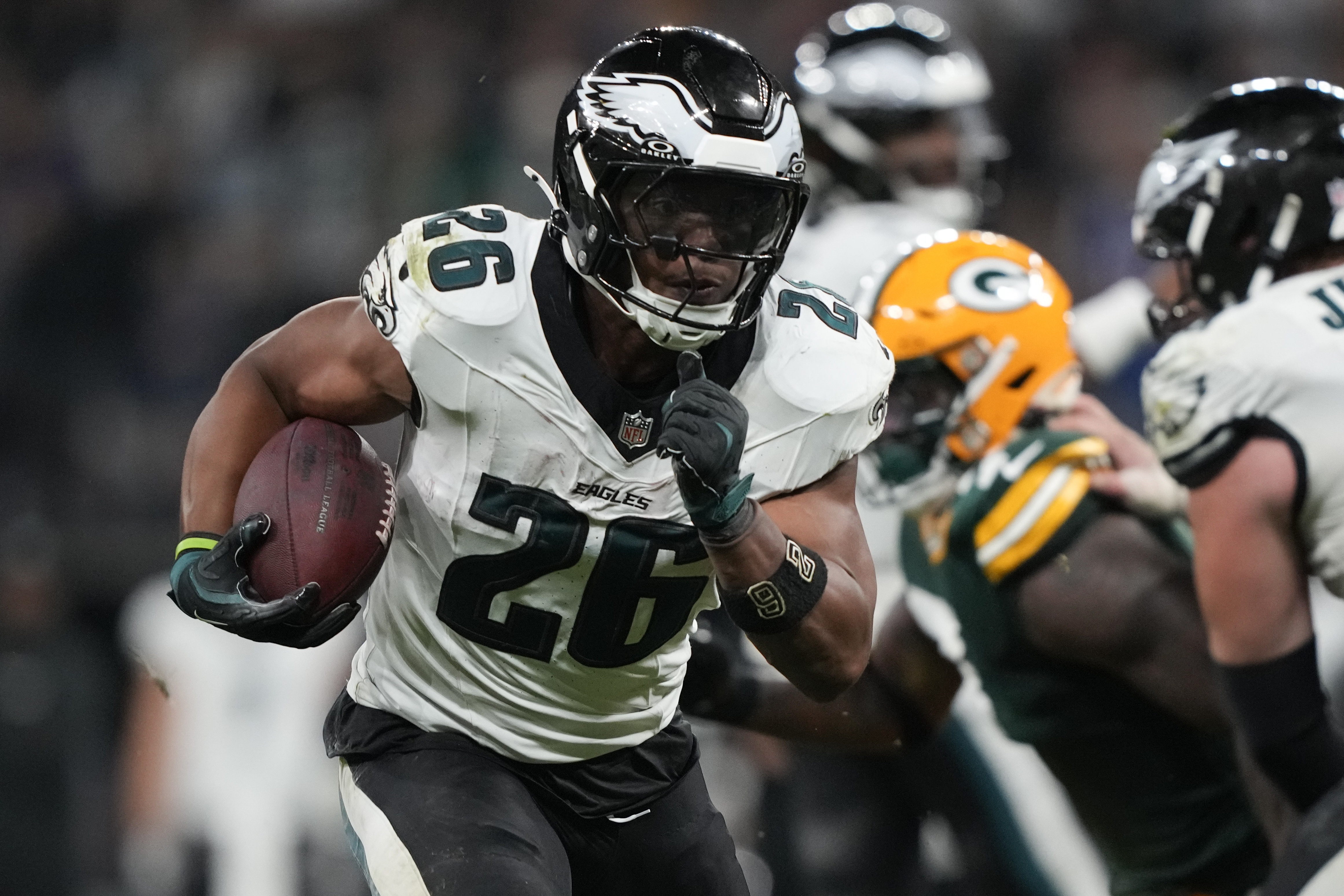 Philadelphia Eagles running back Saquon Barkley (26) runs for a touchdown against the Green Bay Packers during the first half of an NFL football game, Friday, Sept. 6, 2024, at the Neo Quimica Arena in Sao Paulo.