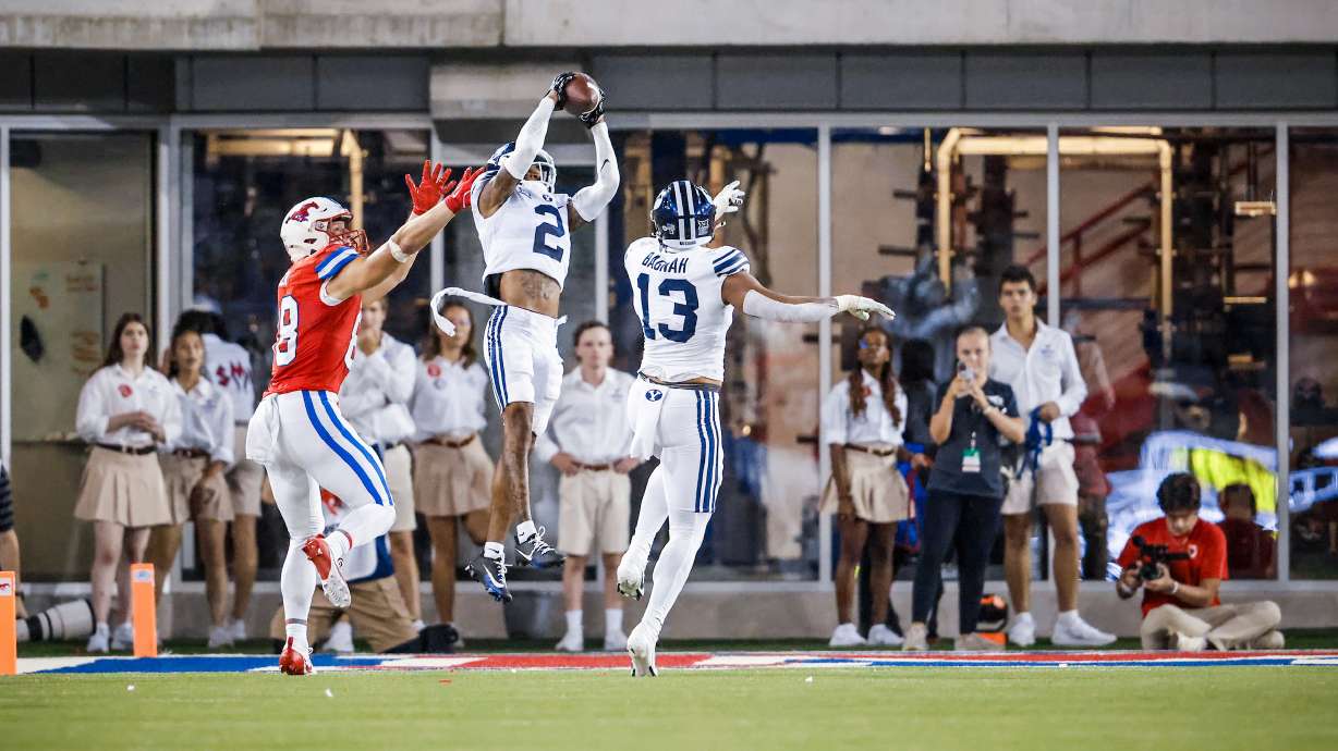 BYU cornerback Marque Collins hauls in an interception during the Cougars' 18-15 win over SMU, Friday, Sept. 6, 2024 at Gerald J. Ford Stadium in Dallas.