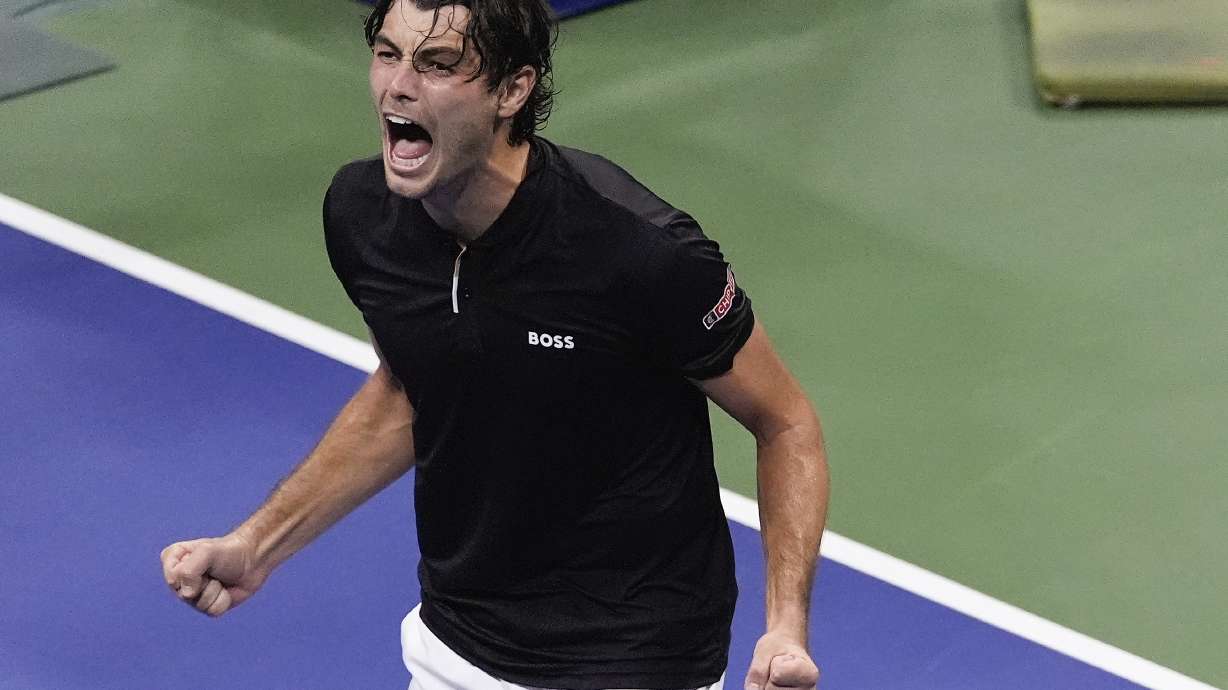 Taylor Fritz, of the United States, reacts after defeating Frances Tiafoe, of the United States, during the men's singles semifinal of the U.S. Open tennis championships, Friday, Sept. 6, 2024, in New York.