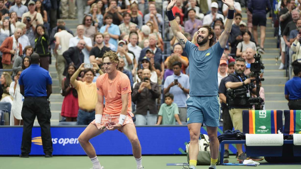 Max Purcell, left, and Jordan Thompson, of Australia, react after defeating Tim Puetz and Kevin Krawietz, of Germany in the men's doubles final of the U.S. Open tennis championships, Saturday, Sept. 7, 2024, in New York.
