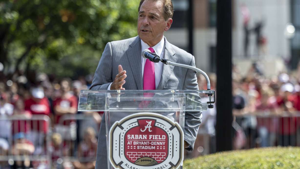 Former Alabama football head coach Nick Saban speaks as the University of Alabama honors him with a stadium renaming, before an NCAA college football game, Saturday, Sept. 7, 2024, in Tuscaloosa, Ala. Alabama's football stadium will now be known as Saban Field at Bryant-Denny Stadium.