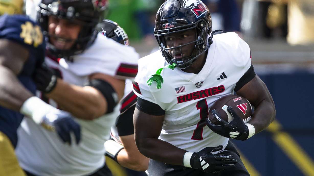 Northern Illinois running back Antario Brown (1) runs the ball during an NCAA college football game against Notre Dame, Saturday, Sept. 7, 2024, in South Bend, Ind.
