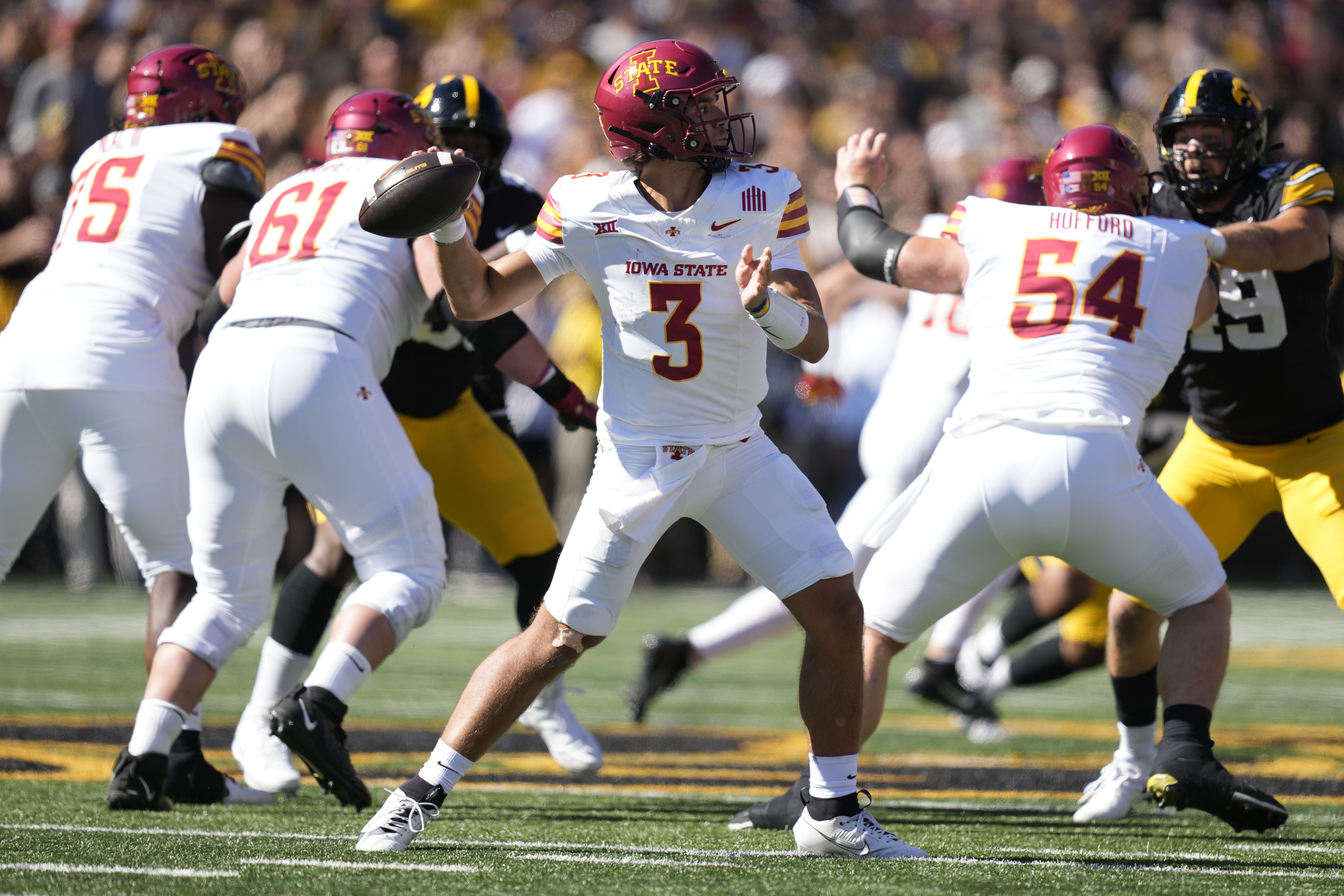 Iowa State quarterback Rocco Becht (3) throws a pass during the first half of an NCAA college football game against Iowa, Saturday, Sept. 7, 2024, in Iowa City, Iowa.