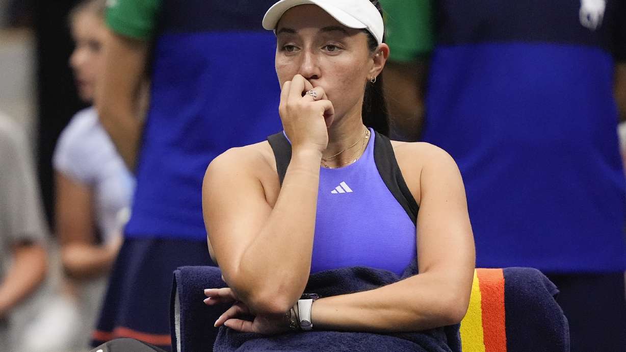 Jessica Pegula, of the United States, reacts after losing to Aryna Sabalenka, of Belarus, in the women's singles final of the U.S. Open tennis championships, Saturday, Sept. 7, 2024, in New York.