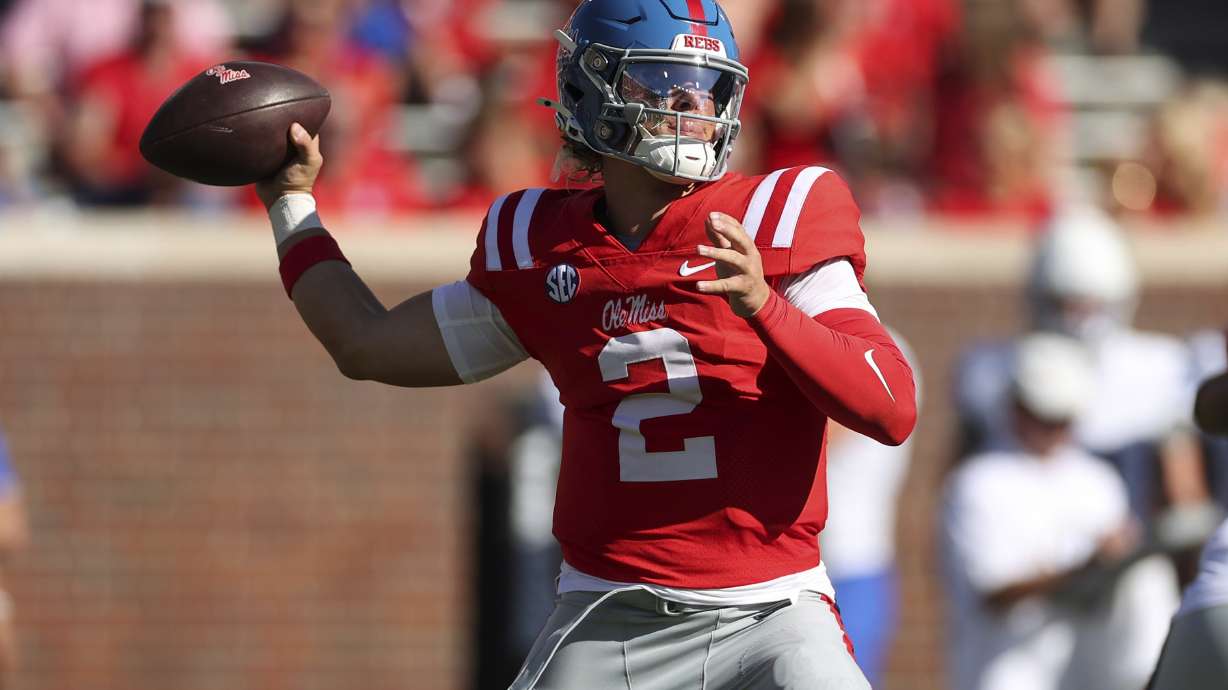 Mississippi quarterback Jaxon Dart (2) throws the ball during the first half of an NCAA college football game against Middle Tennessee, Saturday, Sept. 7, 2024, in Oxford, Miss.