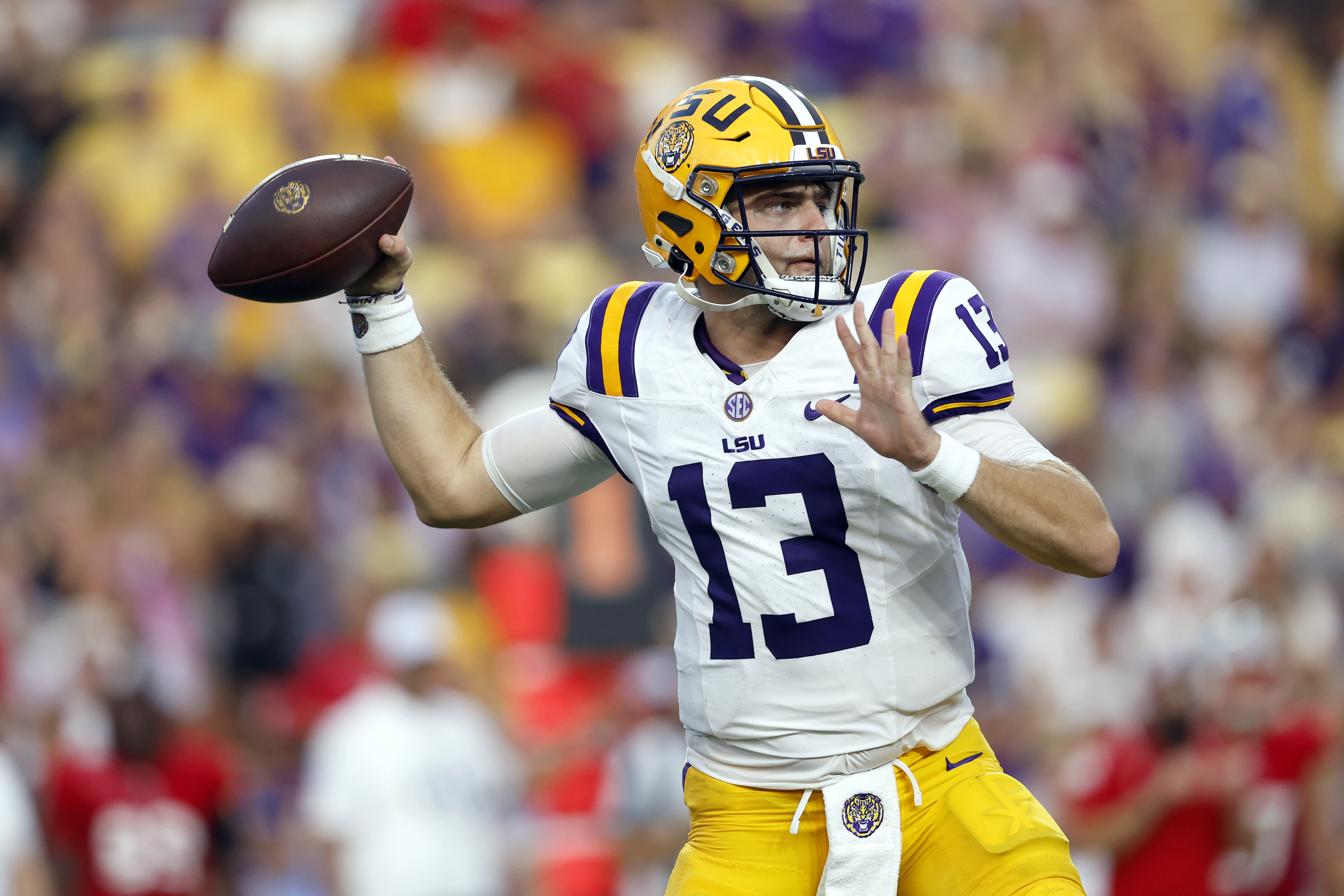 LSU quarterback Garrett Nussmeier (13) looks to pass during the first half of an NCAA college football game against Nicholls State in Baton Rouge, La., Saturday, Sept. 7, 2024.