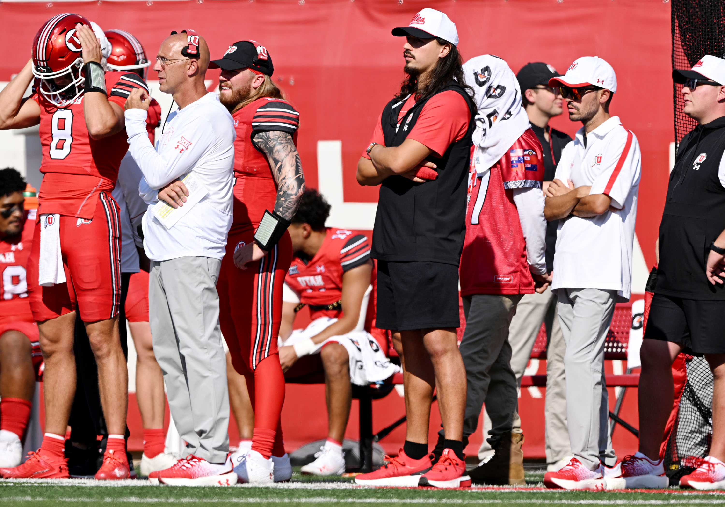 Utah Utes quarterback Cameron Rising (7) stands on the sideline after suffering an injury during the Utah and Baylor game at Rice-Eccles Stadium in Salt Lake City on Saturday, Sept. 7, 2024. Utah won 23-12.