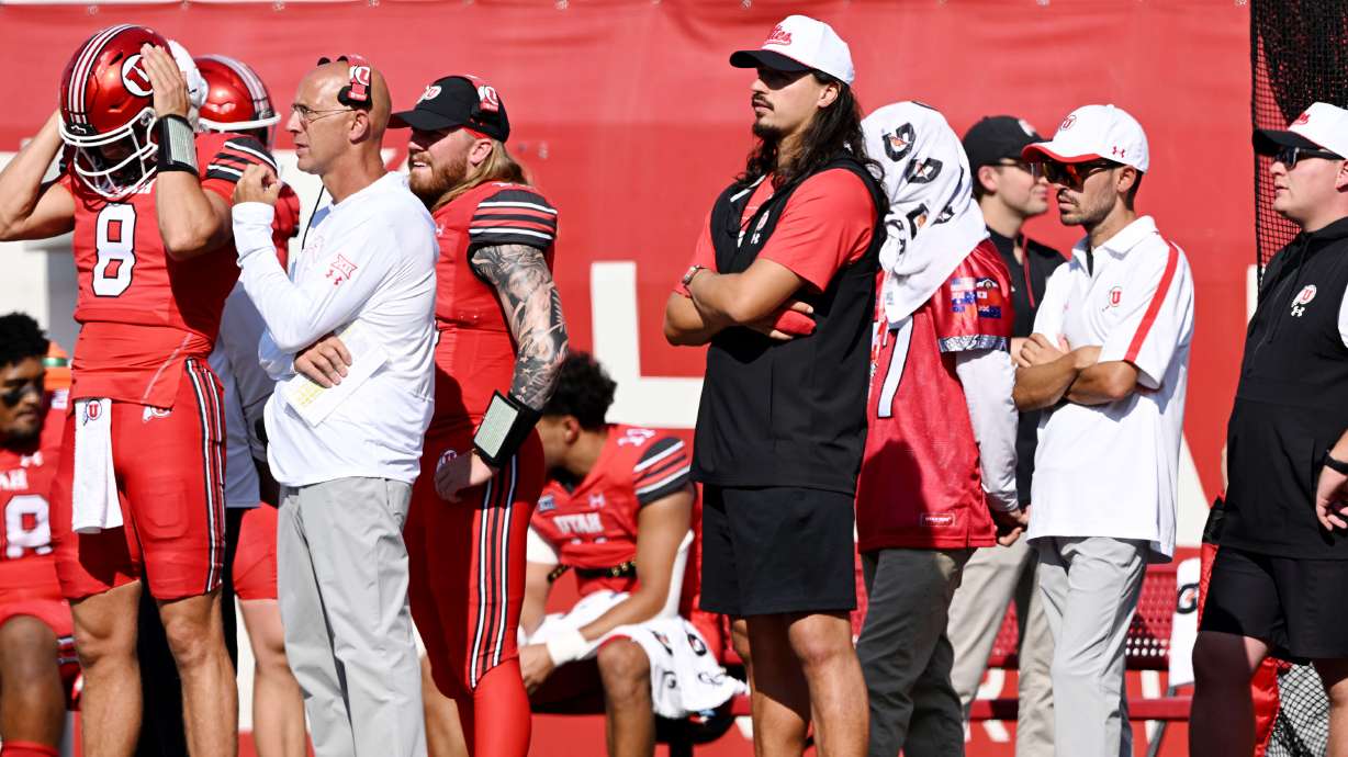 Utah Utes quarterback Cameron Rising (7) stands on the sideline after suffering an injury during the Utah and Baylor game at Rice-Eccles Stadium in Salt Lake City on Saturday, Sept. 7, 2024. Utah won 23-12.