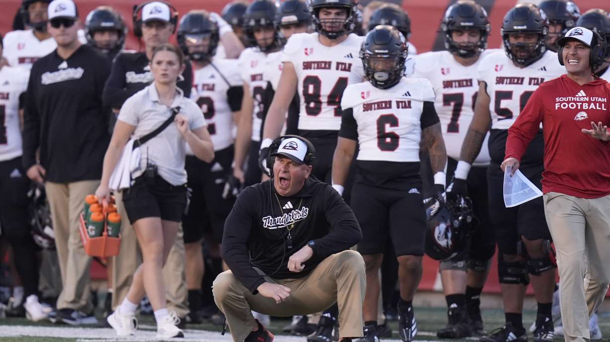 Southern Utah head coach DeLane Fitzgerald reacts in the first half of an NCAA college football game against Utah, Thursday, Aug. 29, 2024, in Salt Lake City.