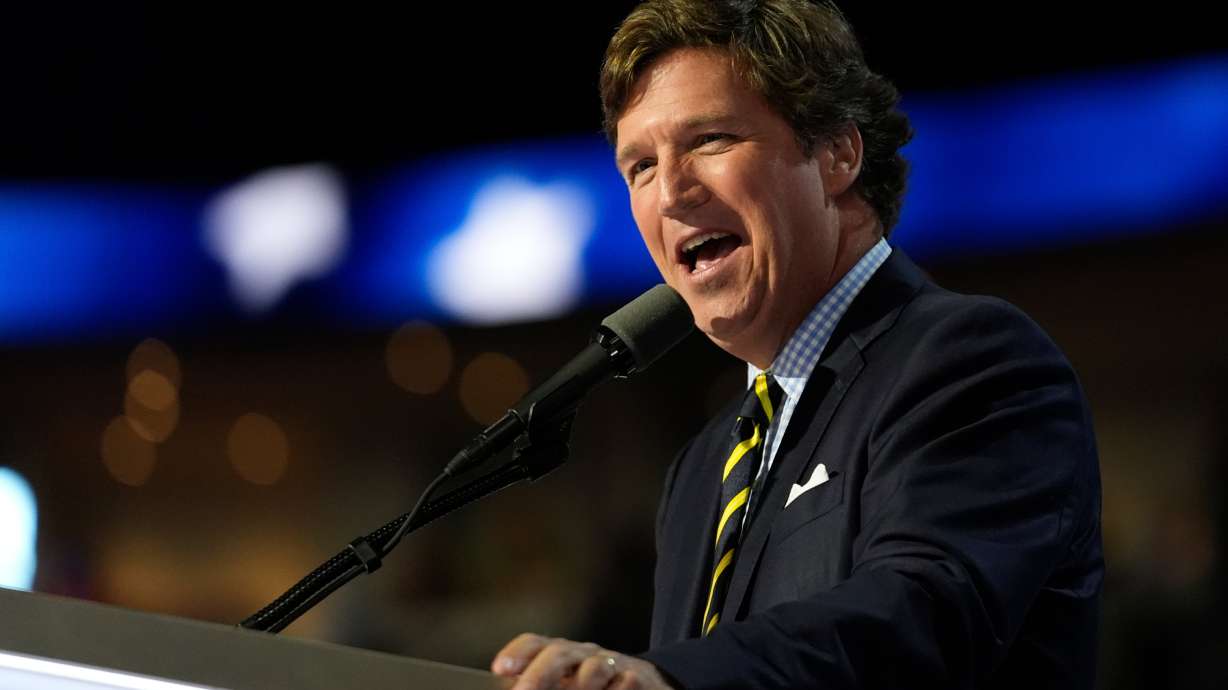 Tucker Carlson speaks during the final day of the Republican National Convention on July 18, in Milwaukee. Carlson was in Salt Lake City on Saturday as part of a tour across the United States.