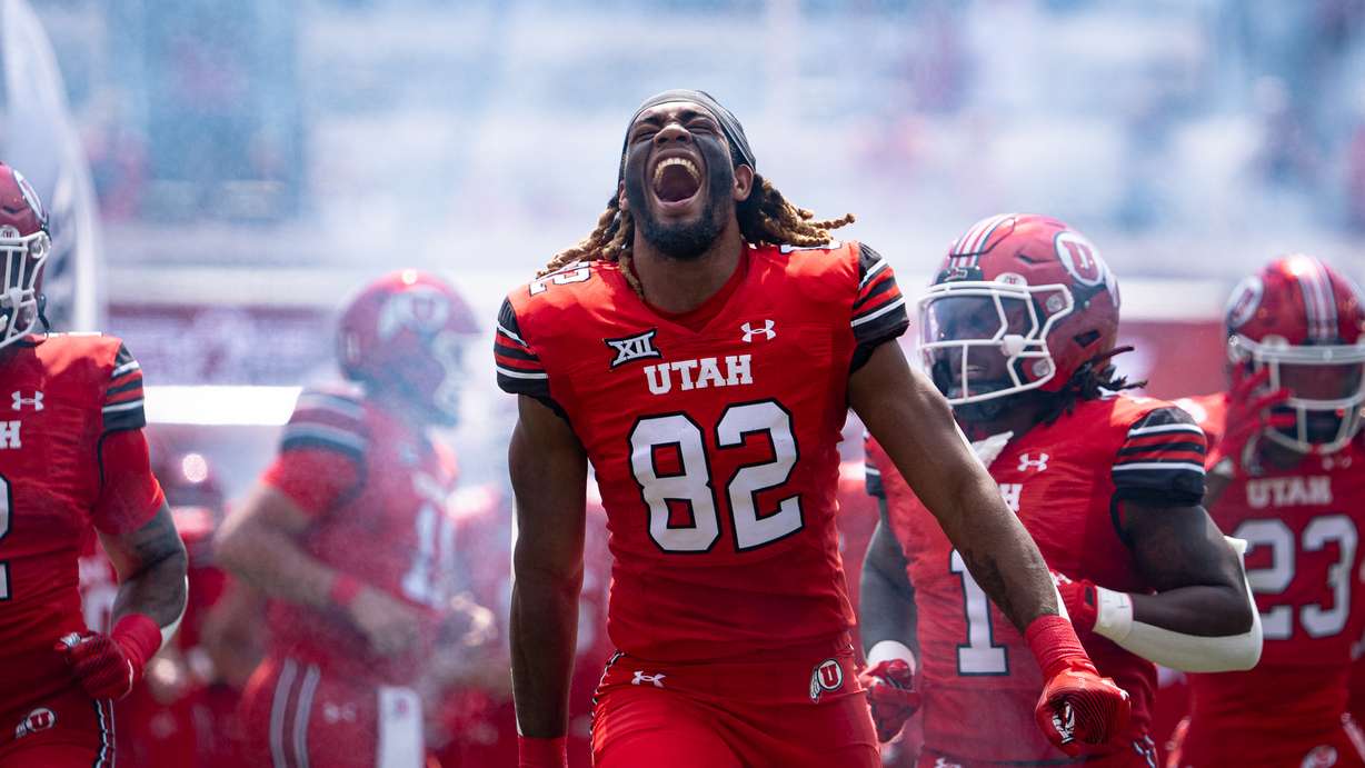 Utah tight end Landen King celebrates before a home game at Rice-Eccles Stadium in Salt Lake City on Sept. 7, 2024.