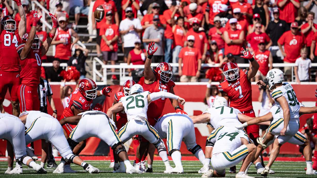 Utah players attempt to block a Baylor field goal attempt during a game played at Rice-Eccles Stadium on Sept. 7, 2024.