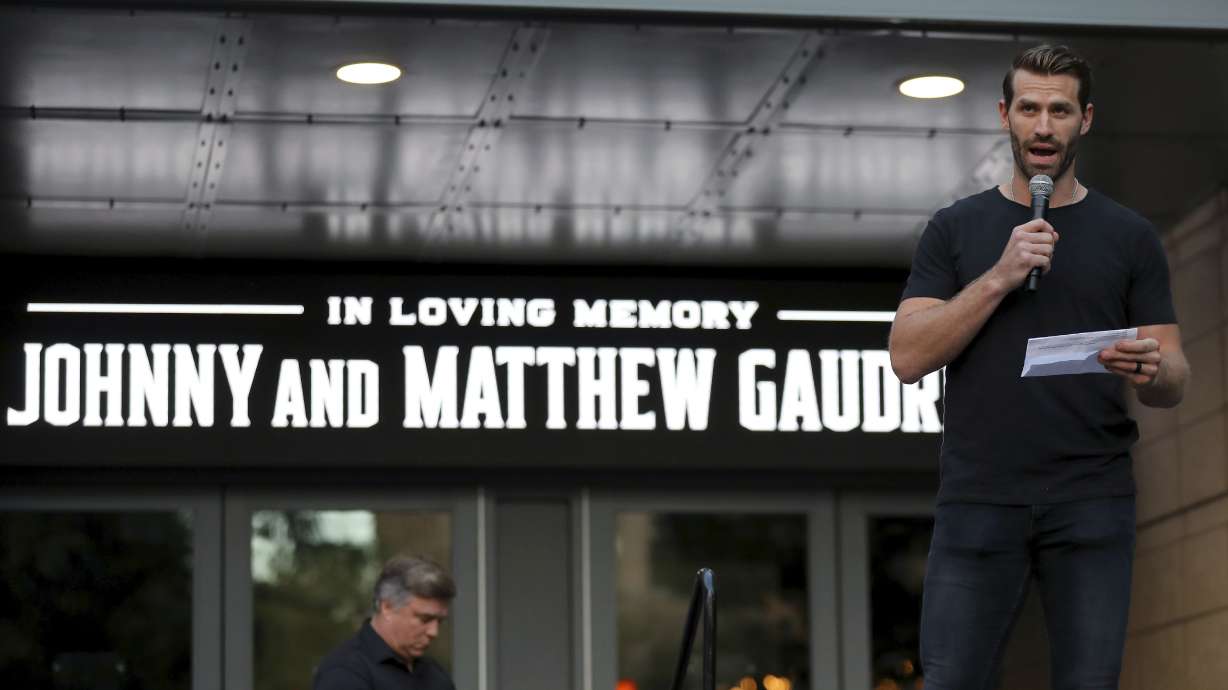 Columbus Blue Jackets player Boone Jenner speaks during the candlelight vigil to honor Columbus Blue Jackets hockey player Johnny Gaudreau, Thursday, Sept. 4, 2024, outside of Nationwide Arena in Columbus, Ohio. Gaudreau and his brother Matthew were killed by a motor vehicle last week while riding bicycles.