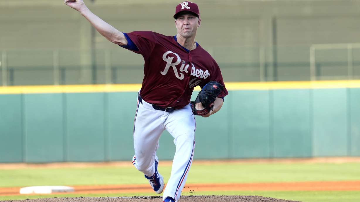 Texas Rangers pitcher Jacob deGrom throws during his rehab start in a Frisco Rough Riders baseball game in Frisco, Texas, Thursday, Aug. 22, 2024,