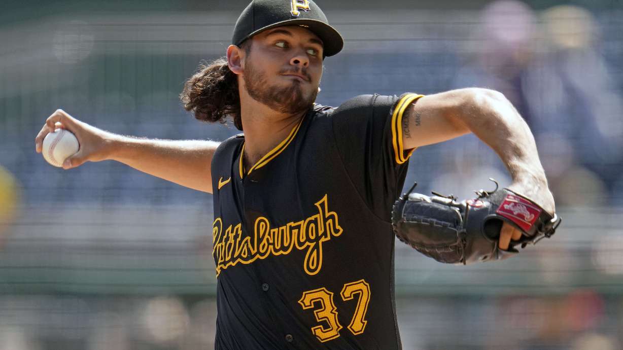 Pittsburgh Pirates starting pitcher Jared Jones delivers during the second inning of a baseball game against the Washington Nationals in Pittsburgh, Sunday, Sept. 8, 2024.