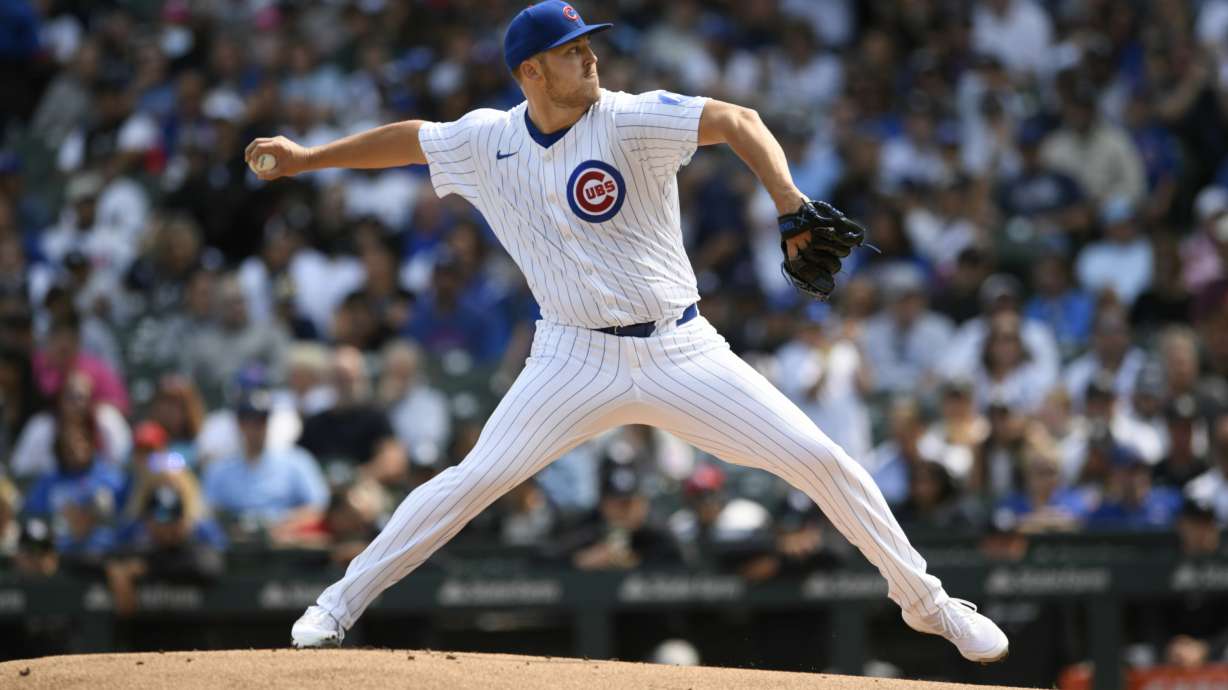 Chicago Cubs starter Jameson Taillon delivers a pitch during the first inning of a baseball game against the New York Yankees in Chicago, Sunday, Sept. 8, 2024.