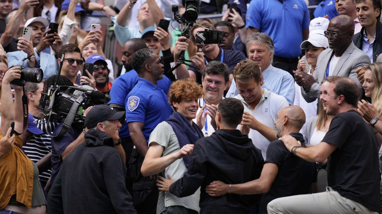Jannik Sinner, of Italy, celebrates after defeating Taylor Fritz, of the United States, to win the men's singles final of the U.S. Open tennis championships, Sunday, Sept. 8, in New York. 2024.