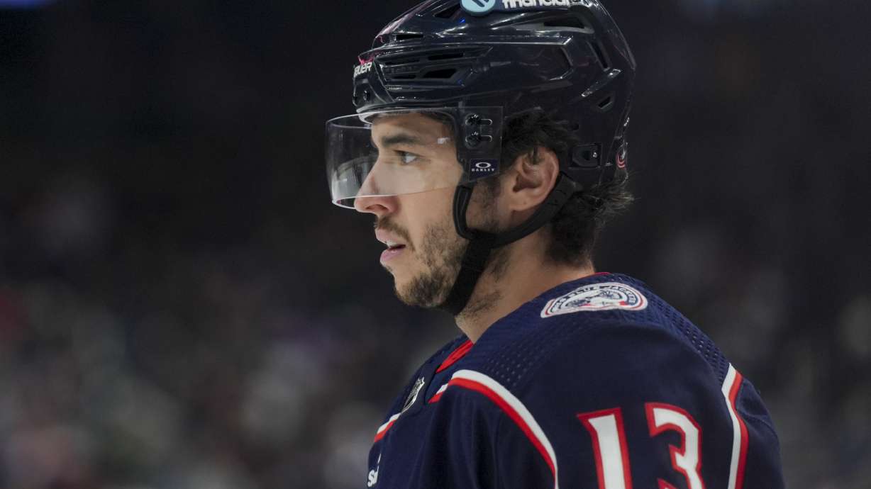 FILE - Columbus Blue Jackets' Johnny Gaudreau (13) awaits the face-off during an NHL hockey game against the Nashville Predators, Saturday, March 9, 2024, in Columbus, Ohio.